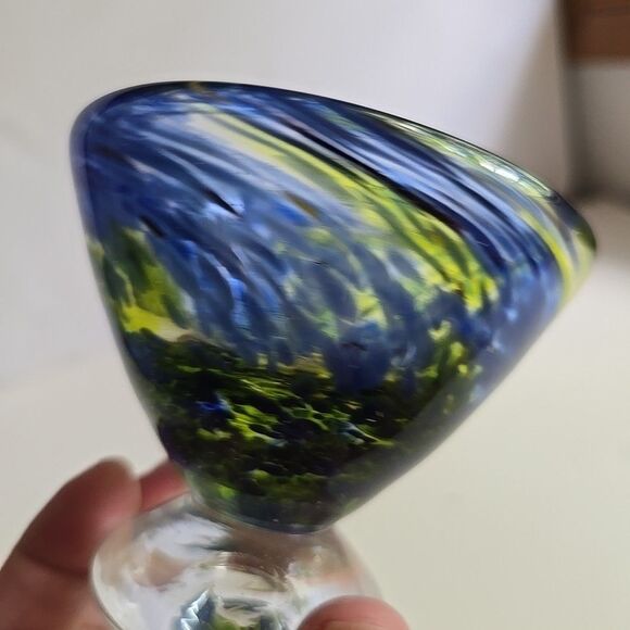 Hand Blown Art Glass Bowl Footed Blue Green Swirl Small 3" - Picture 2 of 9